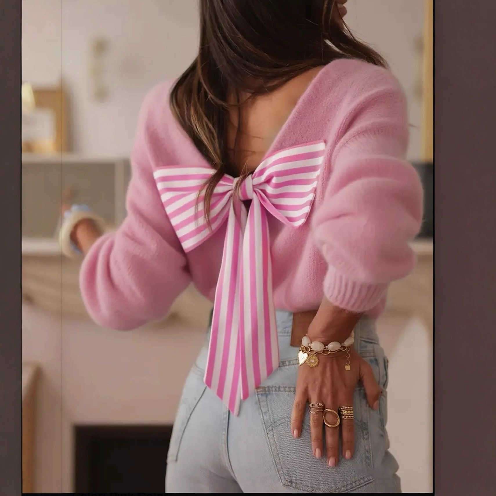 Women's V-Neck Pullover Sweater Fall New Arrival Oversized Fit Butterfly Bow Design Knit Top