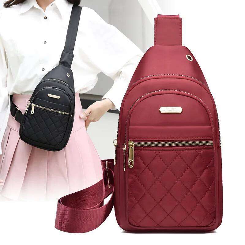 2025 New Women's Embroidered Nylon Breast Fashion Versatile Embroidery Thread Grid Crossbody Bag Simple Outdoor Travel Daily XJ260129