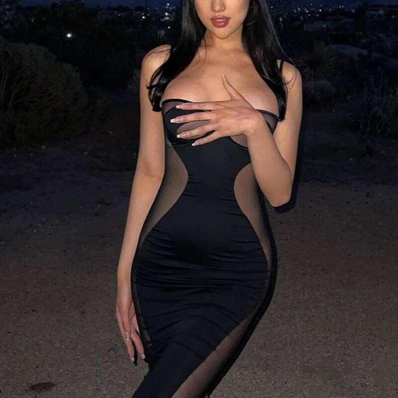 Fashion New U-neck Suspender Tube Top Women's Sexy Perspective Mesh Stitching Slim-fit Party Hip Black Dress - view 5