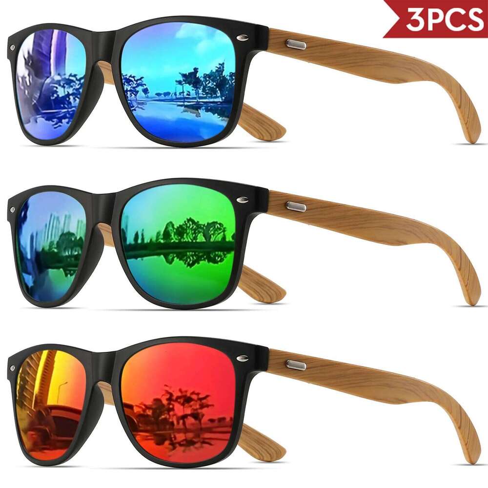 3PCS Bamboo Texture Square Sunglasses UV400, Fashion Unisex Classic - Lightweight for Casual Wear & Holidays H260129