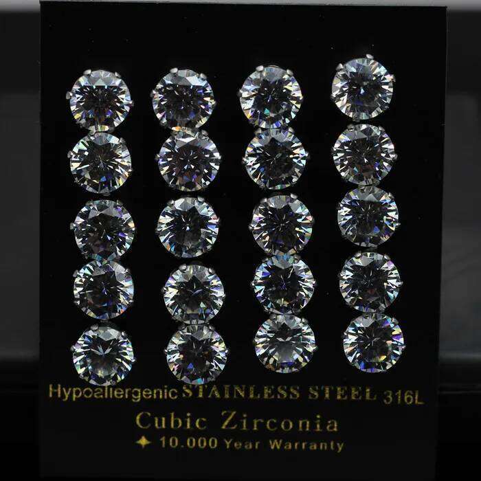 LUXUKISSKIDS Luxury Clearly Round CZ Stud Earrings 10pairs/lot Sets For Woman Man Stainless Steel Silver Color Fashion Jewelry 26W0129