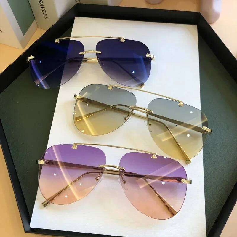 Vintage Rimless Alloy Aviation Pilot Sunglasses for Men 2025 Brand Gradient Sun Glasses Female Metal Oval Shades Black Brown H260129