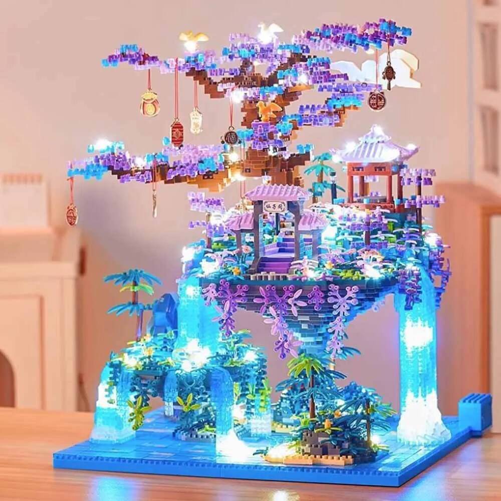 Forest Lakes Tree Castle House Building Blocks Set Waterfall With Light DIY Toys For Children Birthday Holiday Special Gifts