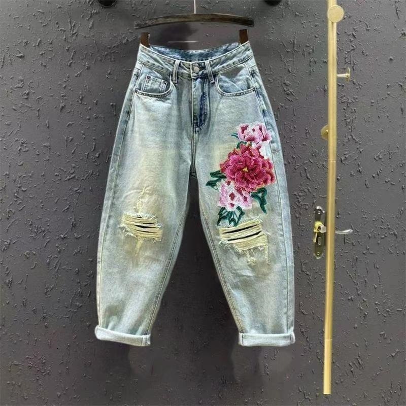 2024 Summer Style National Style Embroidered Plus Size Womens Denim Harem Pants High Waist Ripped Loose Casual Nine 250809