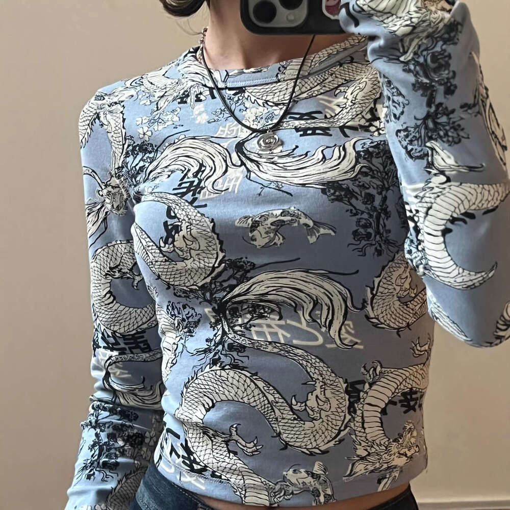 2025 Fashion Trend Women's Stylish Dragon Printed Crop Tops Long Sleeve High Collar Slim T-shirt Skinny Tees for Spring Autumn
