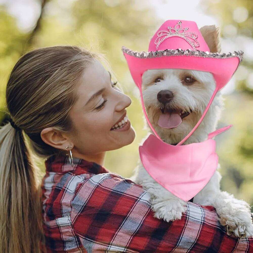 Pet Cowboy Accessory Set Dog Size Pink Cowgirl Princess Hat for Cat Puppy Western Costume Daily Wearing 26H0129