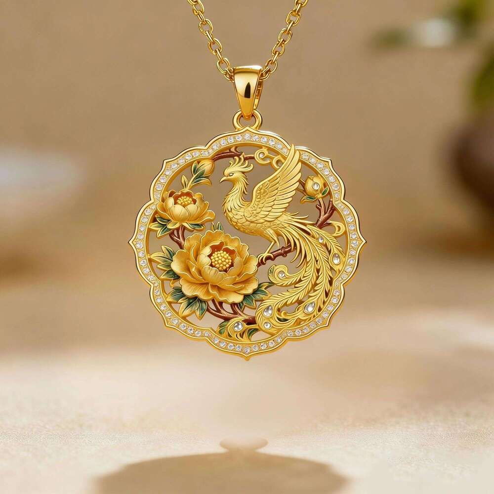 Peony Gold Lucky Ancient Style Handmade Creative Cultural Pendant Phoenix Necklace