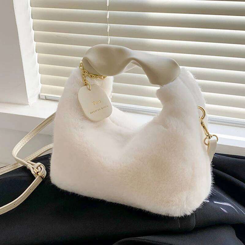 Faux Fur Plush Handbags Ruched Handle Small Lady Shoulder Crossbody Bag Casual Half-Moon Hobos Winter Bags for Women
