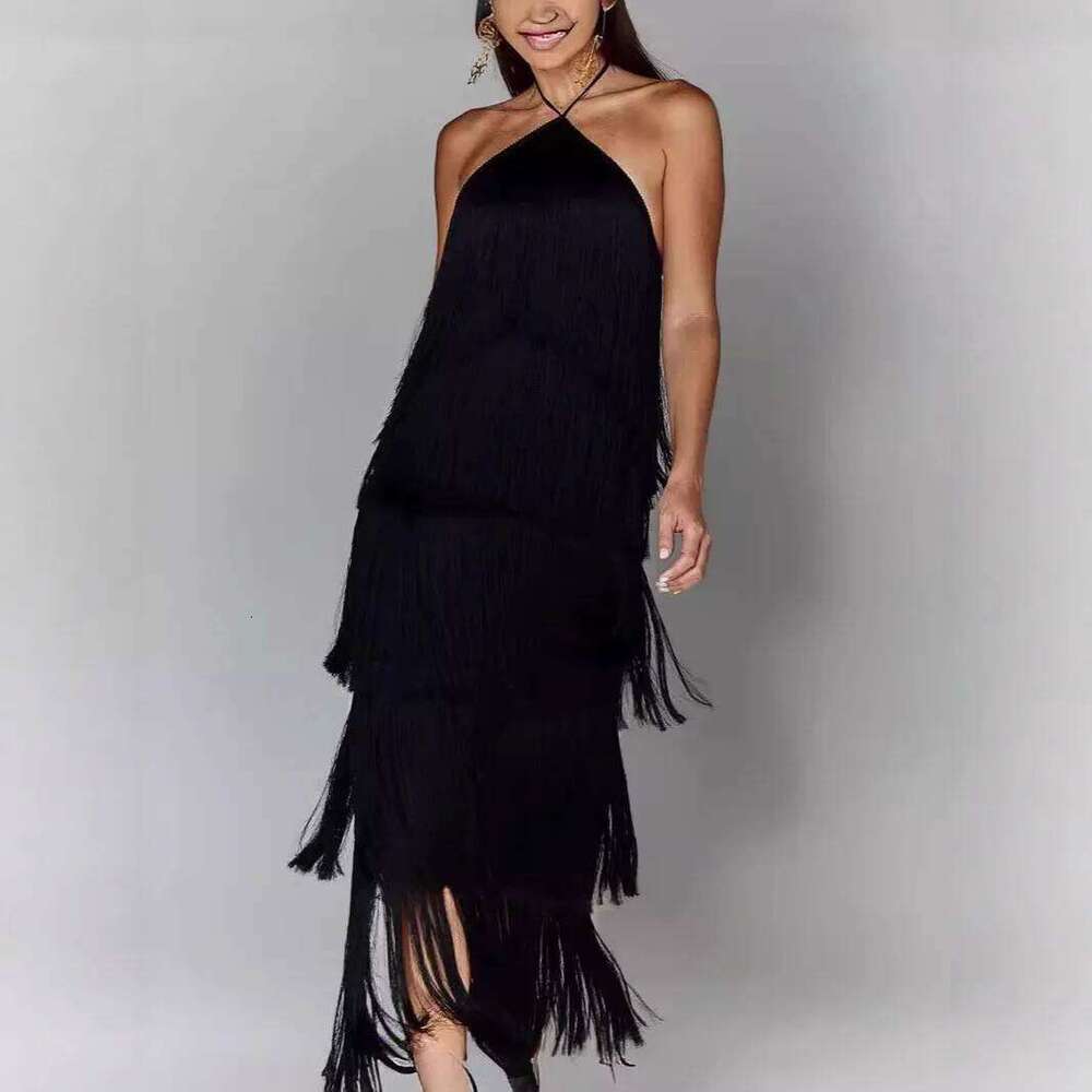 Women's Halter Neck Fringe Backless Slit Birthday Party Date Night Elegant Sexy Long Dress Evening Gown