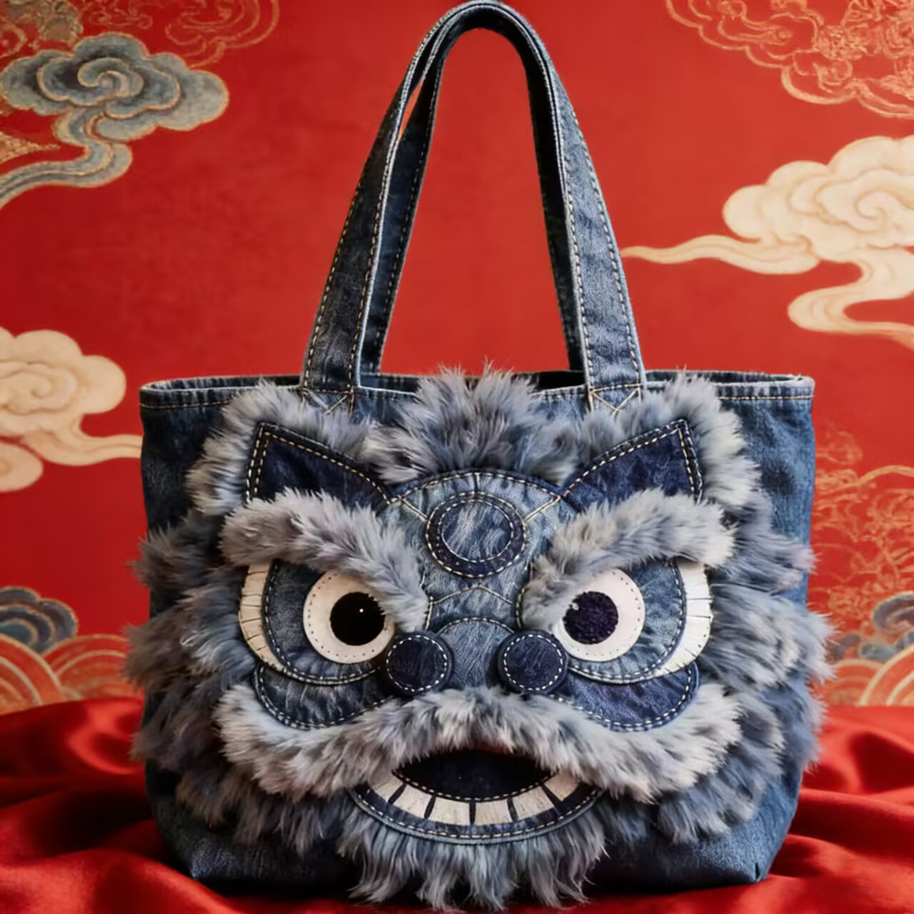 designer Women Bag New Autumn Winter Limited Edition Denim Lion Tote Bag High-Value National Style Niche Three-Dimensional High-End Large Capacity Cro