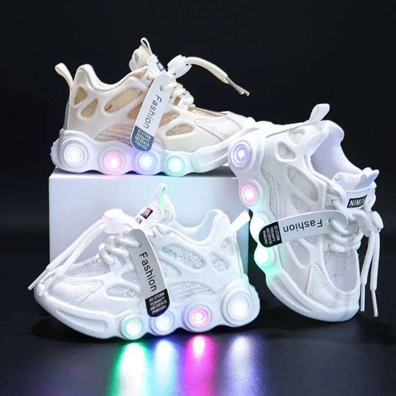 Sneakers Kids Fashion LED Light Letter Webbing Mesh Breathable1-6years Old Luminous Casual Sports Boys Shoes Y260128