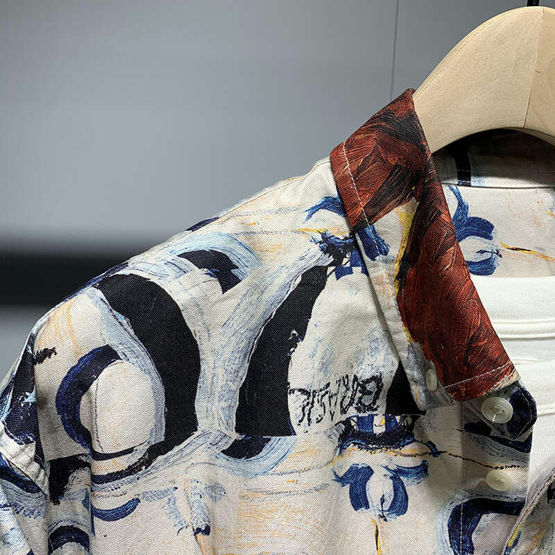 Men's Turn-Down Shirt Japanese Retro Full-Print Long-Sleeve for Autumn Version Loose Fashionable Personality