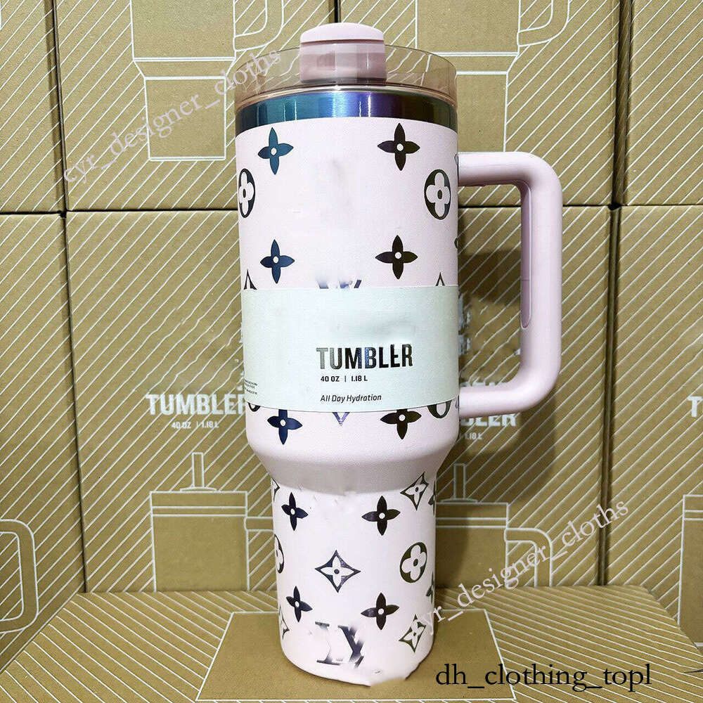 Stanleycup Blue Magnolia Tumblers Pink Rose Luxury designer design Floral stanley Cups Double Mugs Stainless Steel Tumbler Cups Big Capacity Water Bottles 07b