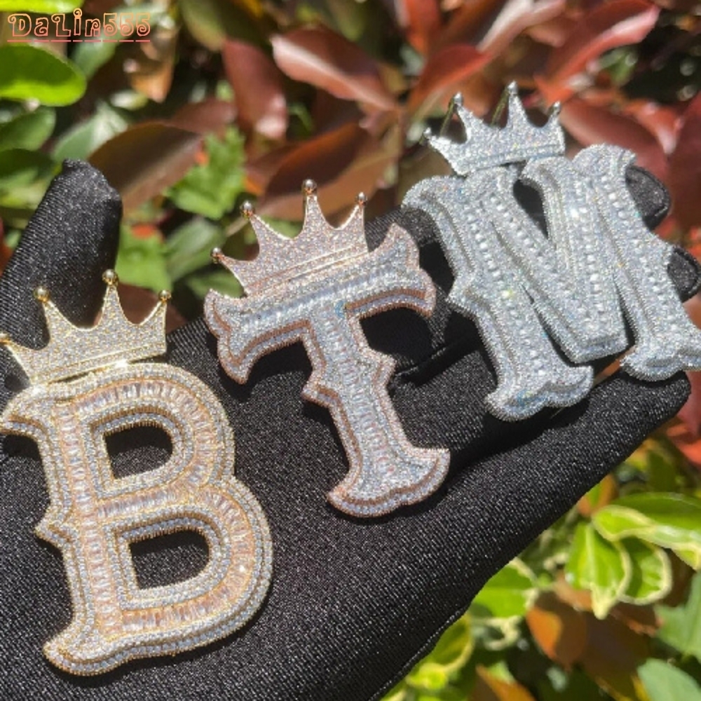 Personalized Letter With Crown Pendant Baguette Cut VVS Moissanite Iced Custom Hip Hop Pendant