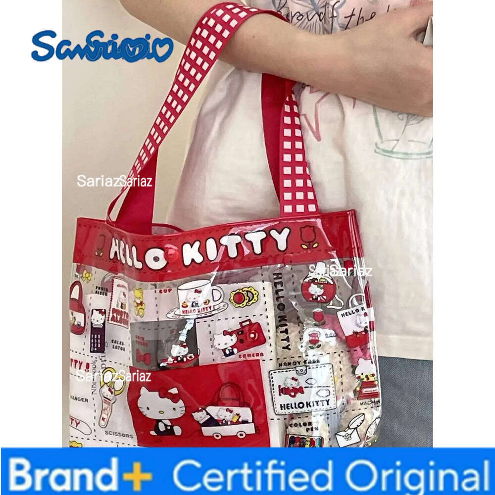 Sanrio Kawaii Cartoon Red Hello kitty Handbag Girl Cute PVC Transparent Large Capacity Portable Makeup Storage Bag H260129