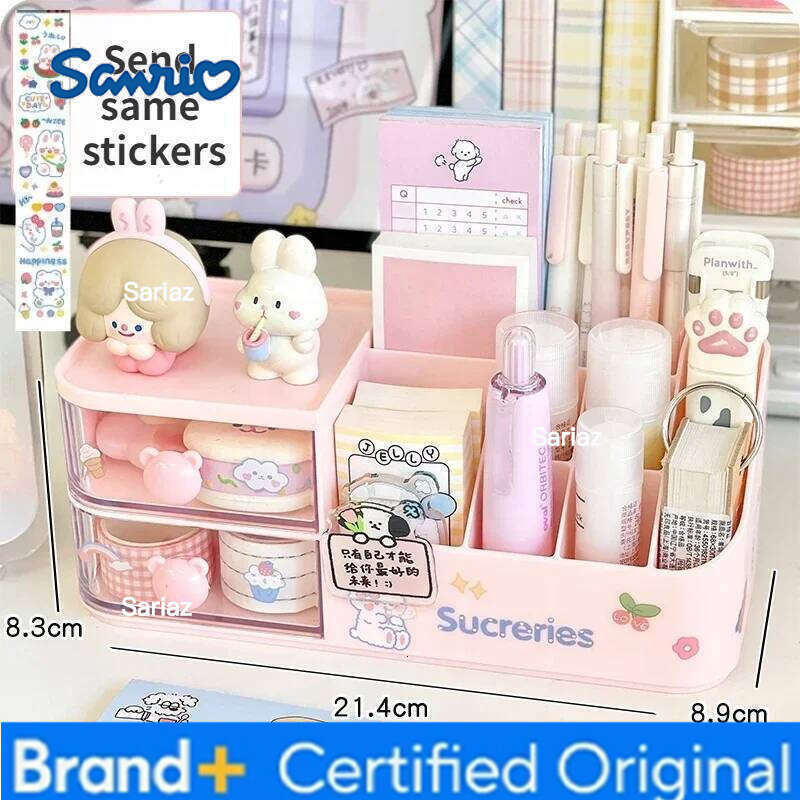 Sanrio Desktop Storage Box Cute Bear Handle Drawer Type Desk Organizer Multi-grid Pen Holder with Kawaii Stickers H260129 H260129