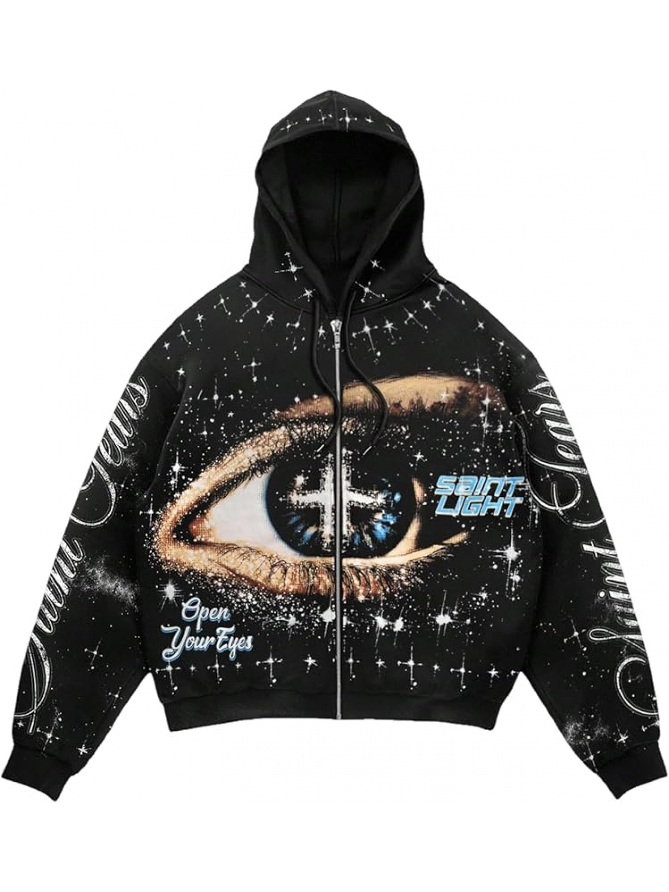 Men's Fleece-Lined Zip-Up Hoodie with Cosmic Eye Graphic Print Streetwear Style