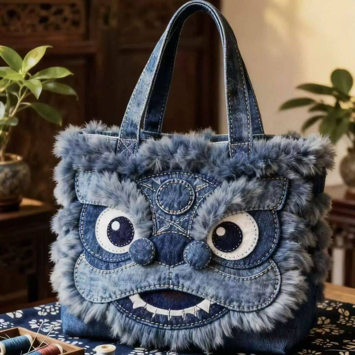 designer Women Bag New Autumn Winter Limited Edition Denim Lion Tote Bag High-Value National Style Niche Three-Dimensional High-End Large Capacity Cro