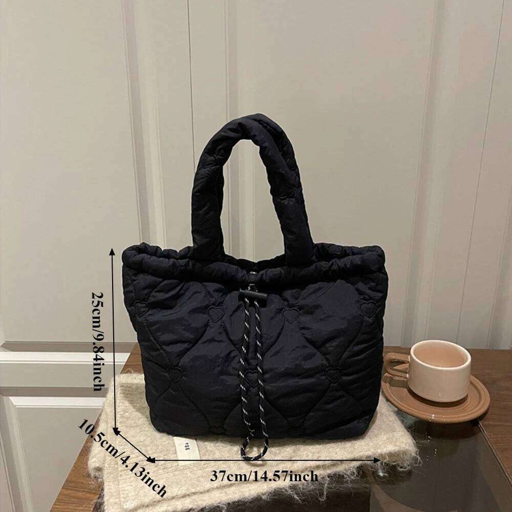 Korean Heart-shaped Quilted Handbag, Simple Solid Color Shoulder Bag, Fashionable Large Capacity Drawstring Tote Bag For Women's XJ260129