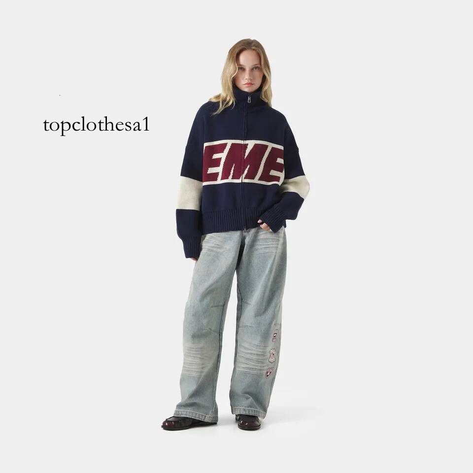 Eme Retro Original Style Color Contrast Letter Knitted Cardigan Y2k American Casual Zipper Sweater For Men And Women