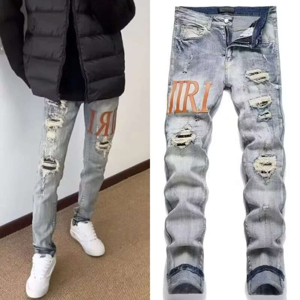 Amira Jeans Mens High Street Slim Fit Washed Jeans Designer Broken Style Vintage AM Denim Pants Brand Trousers Punk Hip Hop Embroidery Letter Y2k Harakuju Jeans 832