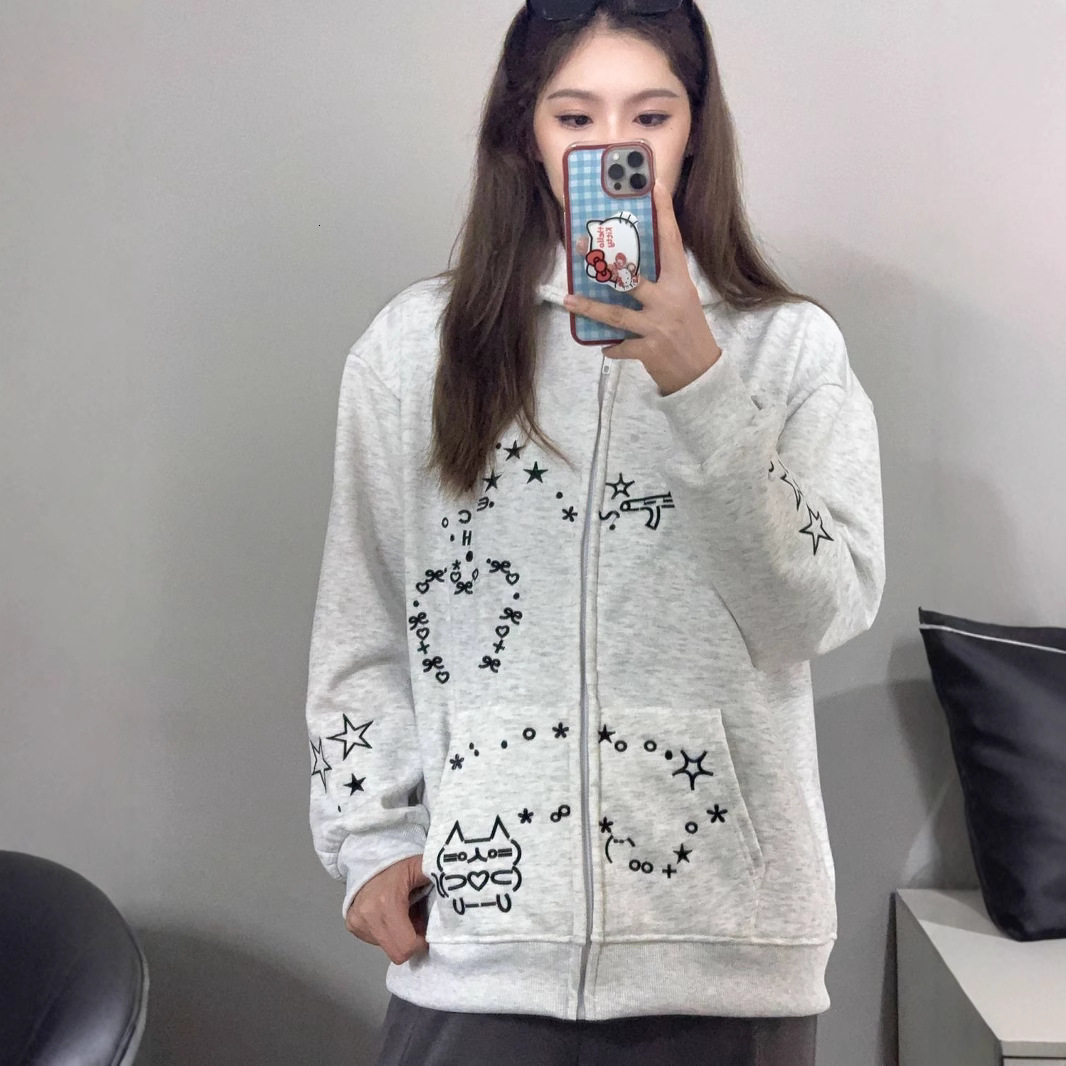 Womens Sweatshirt Cat White Gray Cardigan Hooded Autumn Winter Fleece Loose Lazy Style Zipper Jacket Trendy Long Sleeve 241008