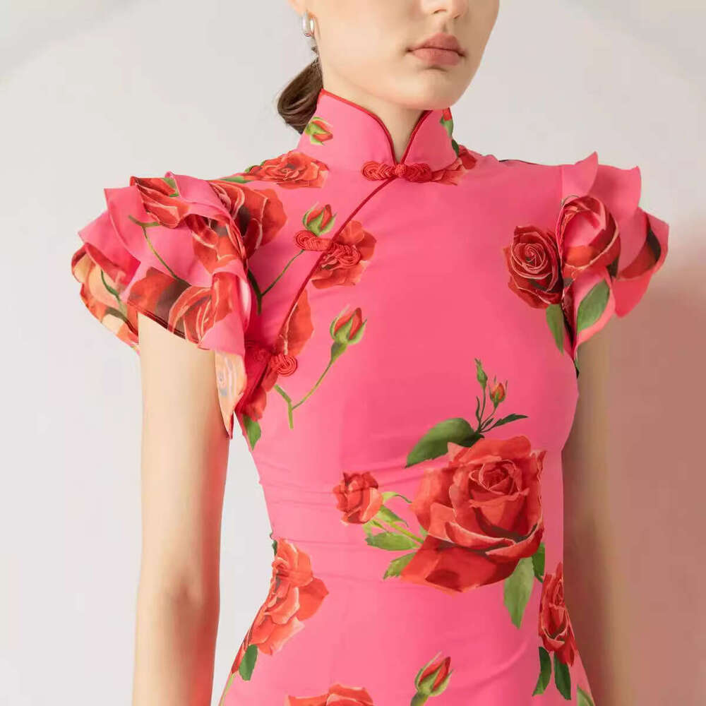 Women's Cap Ruffles Sleeve Rose Floral Print Bodycon Sexy Prom Commuting Long Dress Summer Fashion Slim Lady Party Dresses National Style New Chi