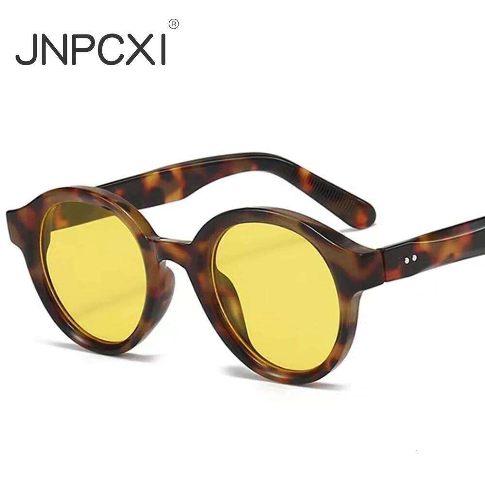 JNPCXI Round Vintage Candy Color Sunglasses Women Fashion Shades Men Trending Rivets Sun Glasses Leopard Yellow Eyewear H260129
