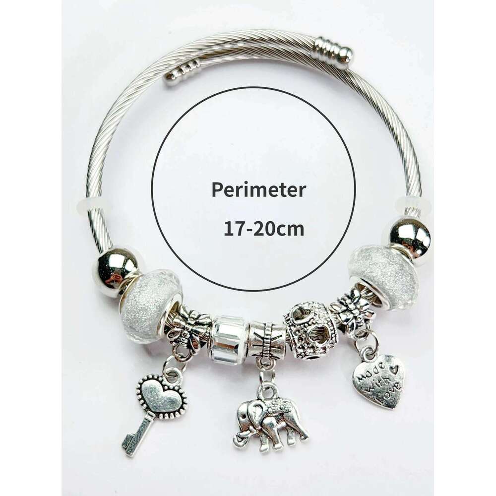 Adjustable Silver Color Alloy Elephant Heart Pendant Artificial Zircon Bangle Round Bead Bracelet Cuff for Women Elegant Wedding H260129