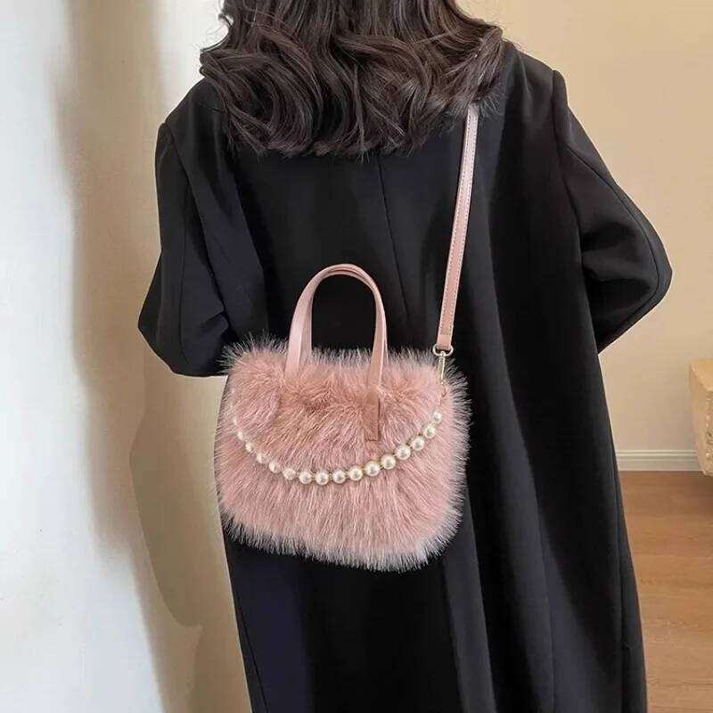 Winter Fashion Faux Fur Crossbody Bags for Women's Gift, Pearl Chain Decor Shoulder Bag, Ladies Handbags Top-handel Bag XJ260129