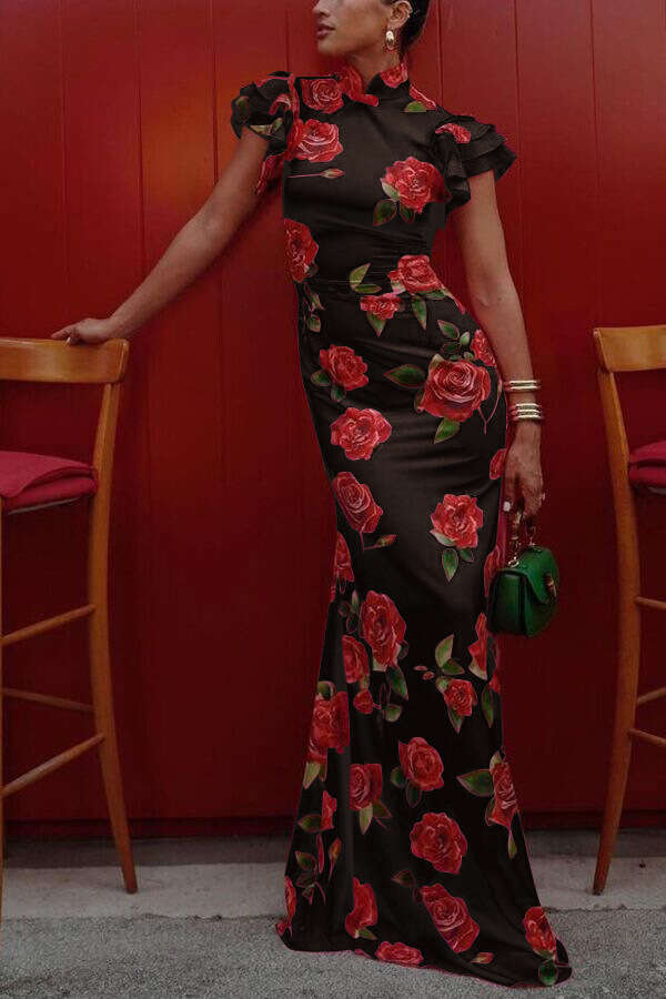 Women's Cap Ruffles Sleeve Rose Floral Print Bodycon Sexy Prom Commuting Long Dress Summer Fashion Slim Lady Party Dresses National Style New Chi