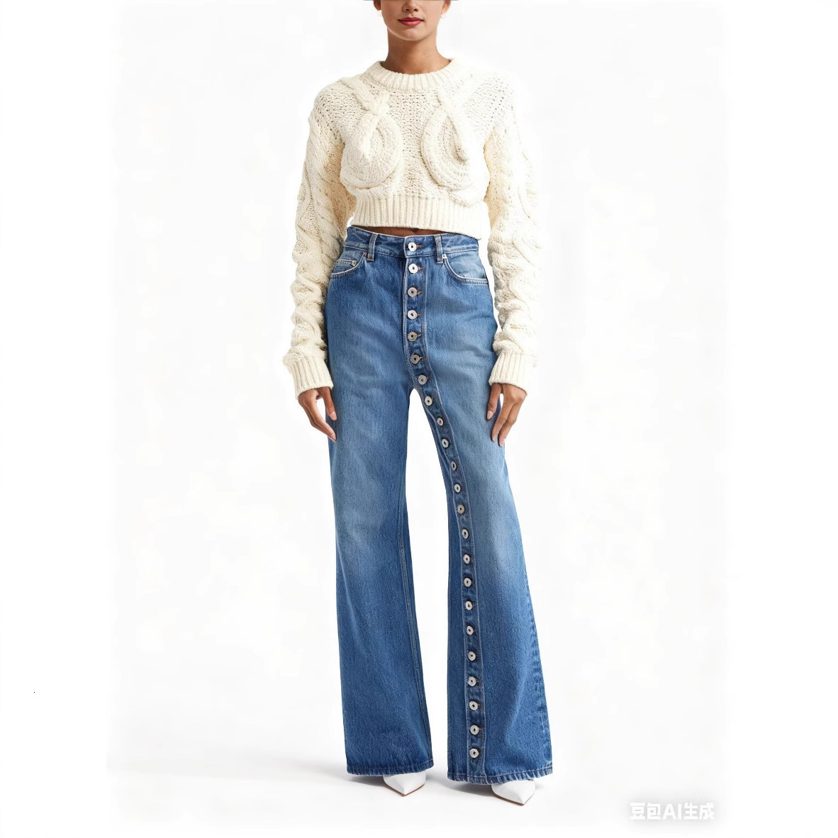 American Style Washed High Street Personality Jeans for Women Autumn New Design Single-Breasted Straight-Leg