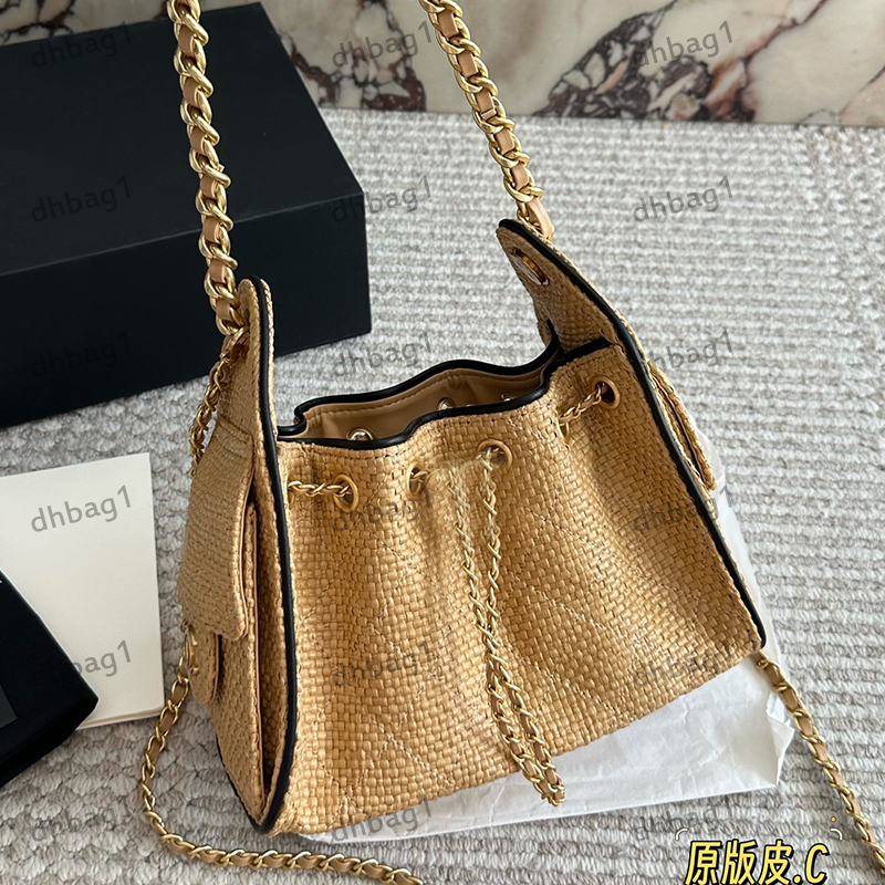 25 Bag Straw Woven Drawstring Bucket Bag Designer Lady Shoulder Bags Two Color Golden Metal Matelasse Chain Luxury Handbag Underarm Sacoche Crossbody Wallet 22cm