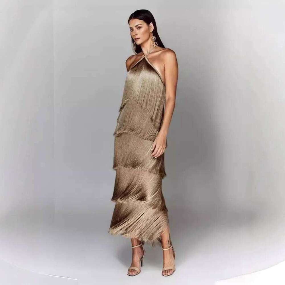 Women's Halter Neck Fringe Backless Slit Birthday Party Date Night Elegant Sexy Long Dress Evening Gown