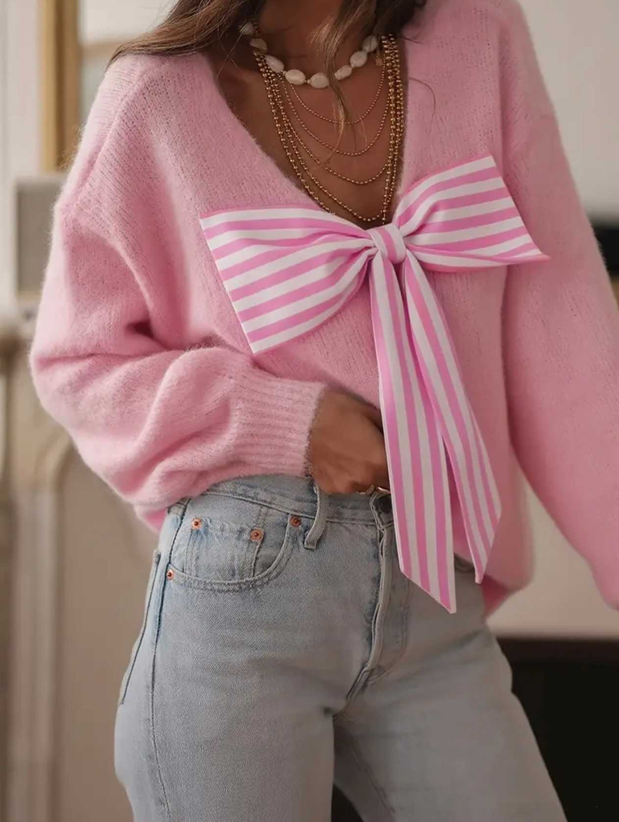 Women's V-Neck Pullover Sweater Fall New Arrival Oversized Fit Butterfly Bow Design Knit Top