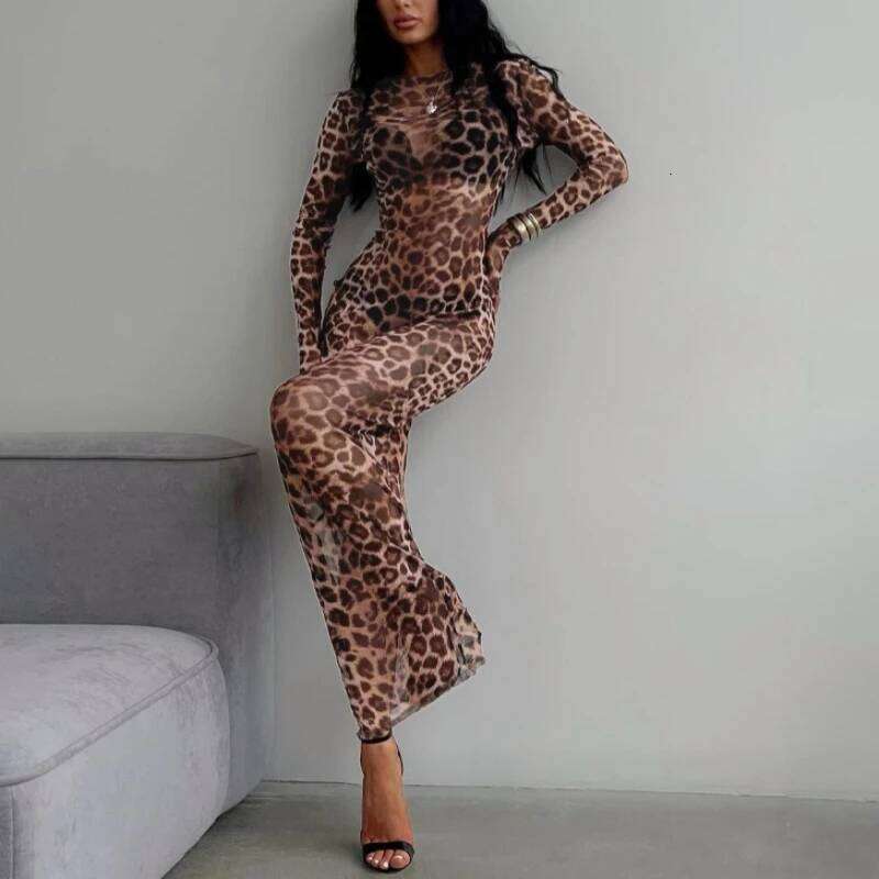 Fashion Spring and Autumn Season Crew Neck Leopard Print Long Elegant Slim Sexy Semi-transparent Women's Dress