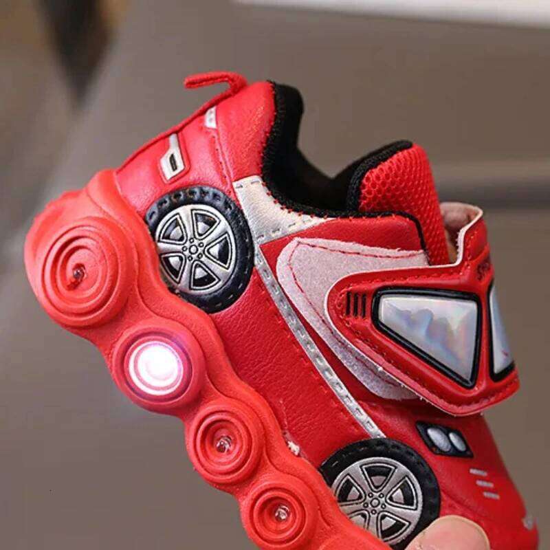 Diseny Kids'Casual Led Light Car Club Cartoon PU Leather Spring For Children Anti-slip Red Blue Shoes Size 21-30 Y260128