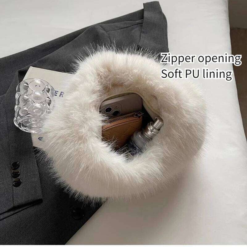 Soft Plush Women's Small Handbags Simple Faux Fur Female Fluffy Clutch Purse Winter Fashion Furry Tote Solid Color Shoulder Bags