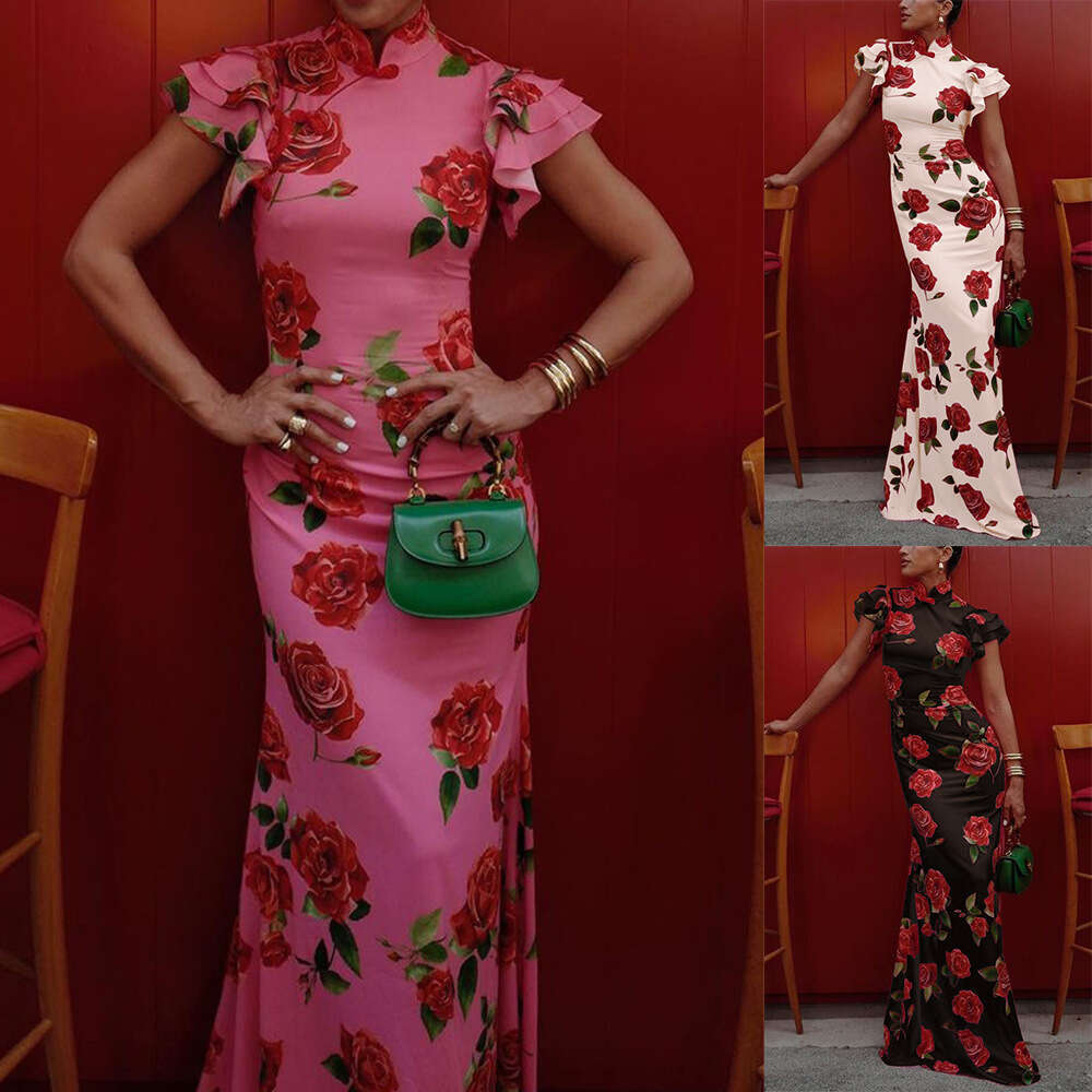 Women's Cap Ruffles Sleeve Rose Floral Print Bodycon Sexy Prom Commuting Long Dress Summer Fashion Slim Lady Party Dresses National Style New Chi