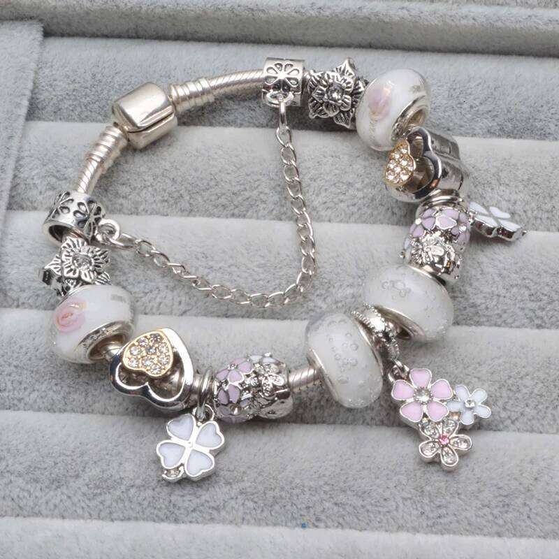Cherry Blossoms Pendant Charm With White Love Heart & Crystal Beads Brand Bracelets Bangles For Women Fashion Jewelry H260129