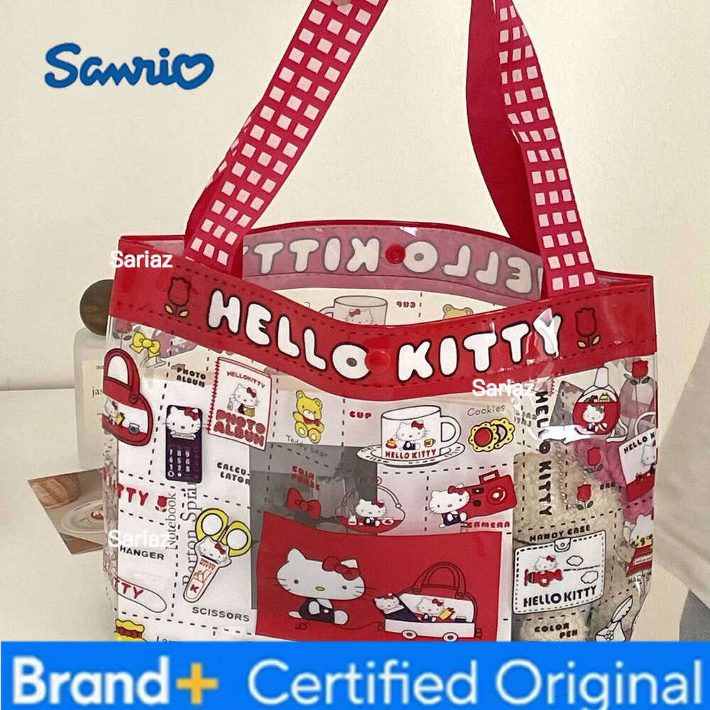 Sanrio Kawaii Cartoon Red Hello kitty Handbag Girl Cute PVC Transparent Large Capacity Portable Makeup Storage Bag H260129
