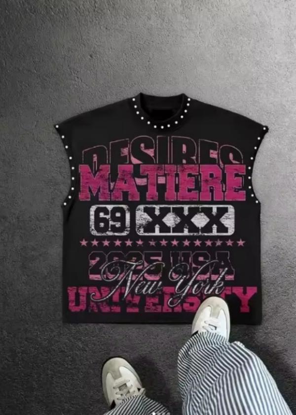 Y2K popular round neck vest retro punk hip-hop loose print Pure top classic loose sleeveless T-shirt