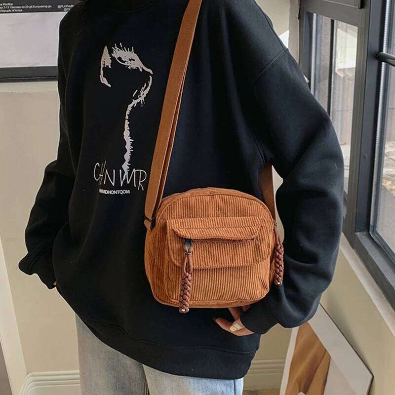 Women'S All-Match Messenger Solid Color Corduroy Shoulder Casual Simple Commuter Small Square Bag
