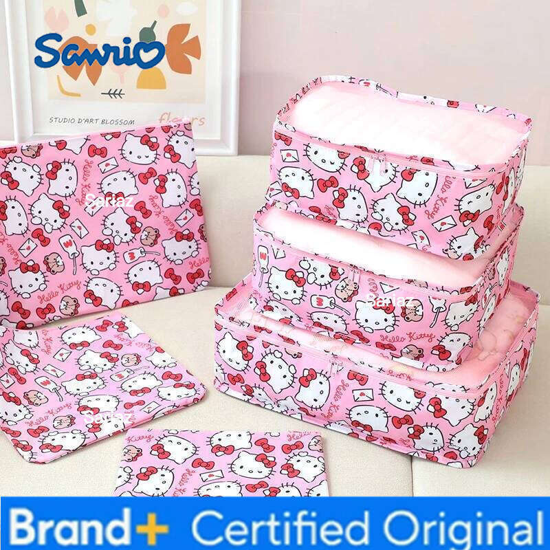 Sanrio 6pcs Set of Kawaii Japanese Angel Classification Cartoon Korean Fashion Pink Bow Cat Travel Storage Bag Gift H260129