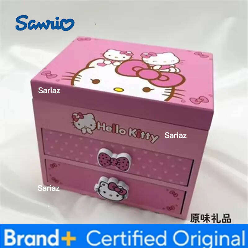 Sanrio Kawaii Hello Kitty Cartoon Pink Storage Children Jewelry Music Cosmetic Box Wooden Bedside Cupboard Gift H260129