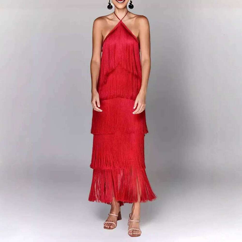 Women's Halter Neck Fringe Backless Slit Birthday Party Date Night Elegant Sexy Long Dress Evening Gown