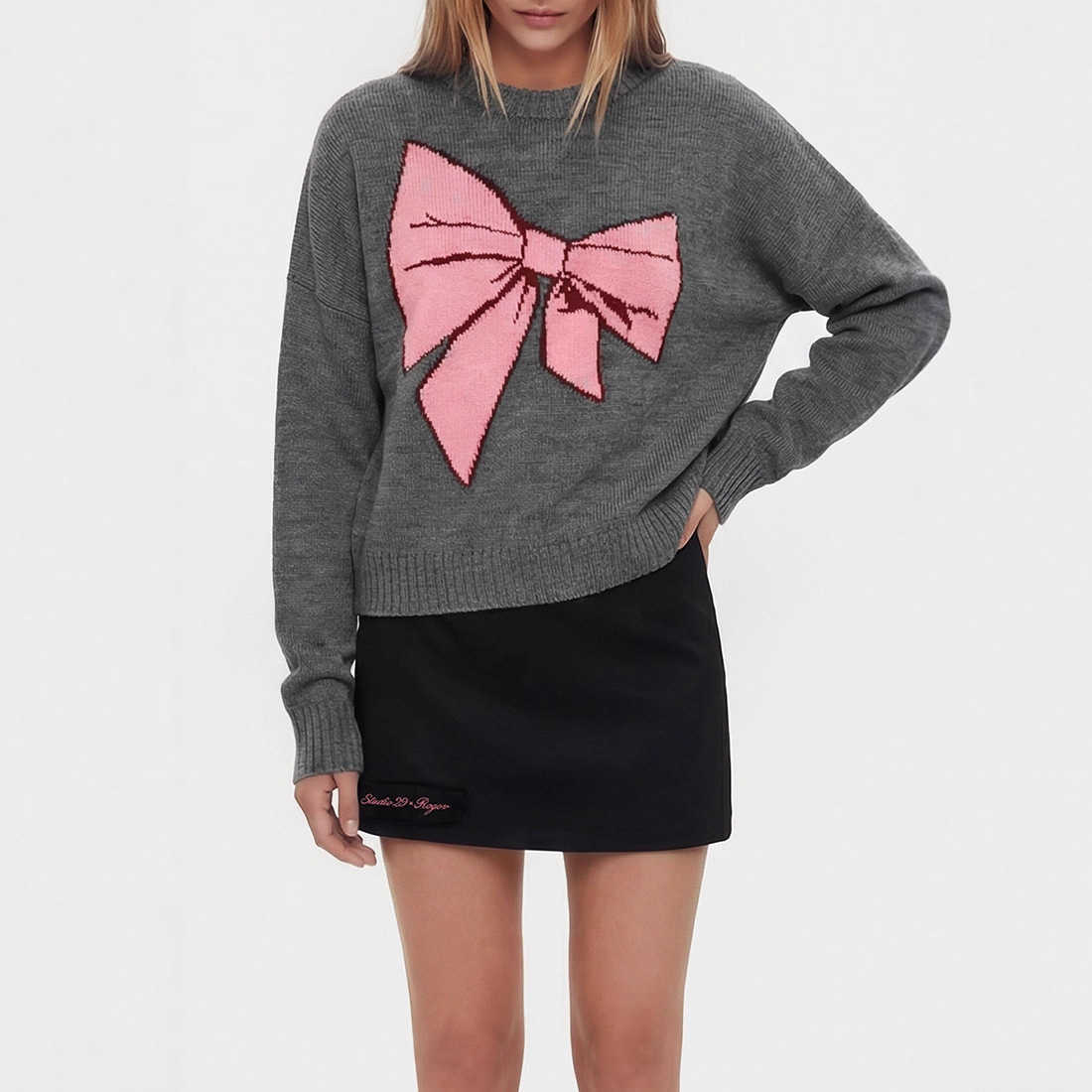 European American Style Bow Jacquard Pullover Sweater for Women Autumn/Winter Cropped Loose Fit Fashionable Gray Knit Top