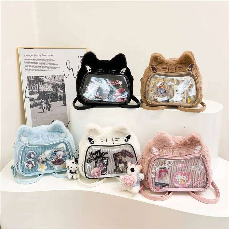 Cross-border plush double shoulder messenger bag student party soft cute cat small food allowance suede pain b