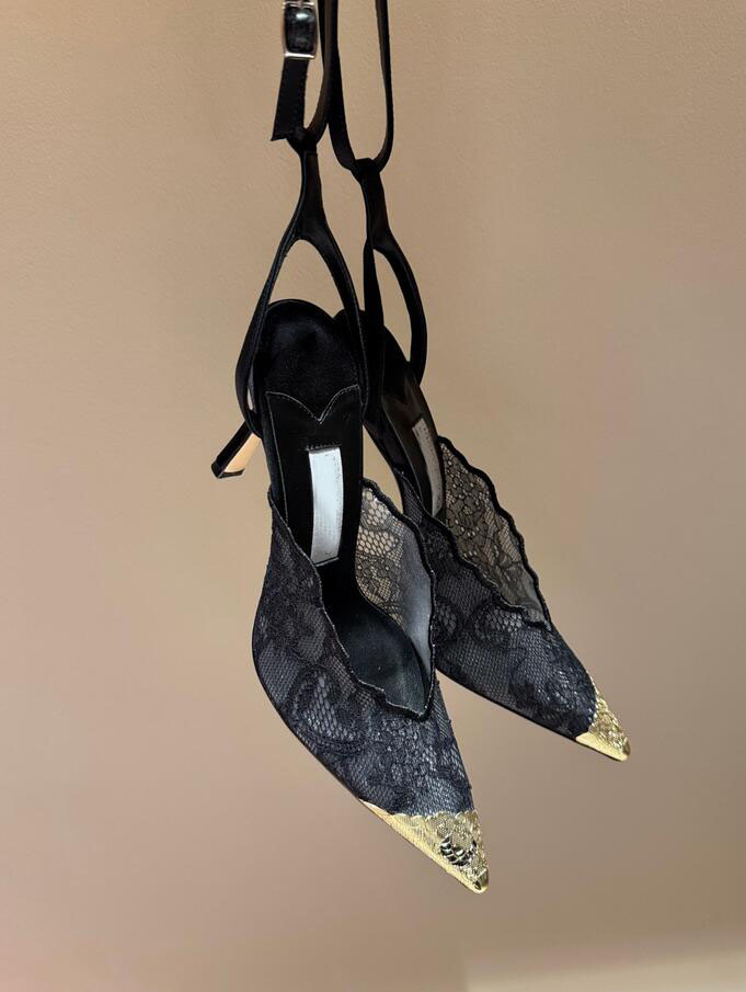 Formal Designer Sexy Lady heels Sandals Pointed Toe Embroidered Lace Pumps with Metal Lace Detail ankle strap high heels Wedding Party Parties Weddings