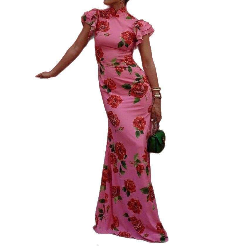 Women's Cap Ruffles Sleeve Rose Floral Print Bodycon Sexy Prom Commuting Long Dress Summer Fashion Slim Lady Party Dresses National Style New Chi